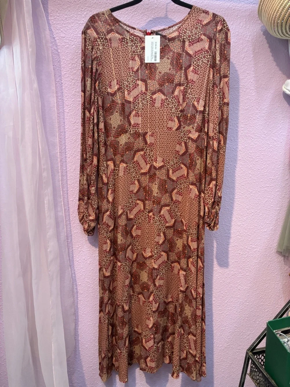 Johnny Was DONOVAN Long Sleeve Pink and Brown Printed Midi Dress - Picture 3 of 6